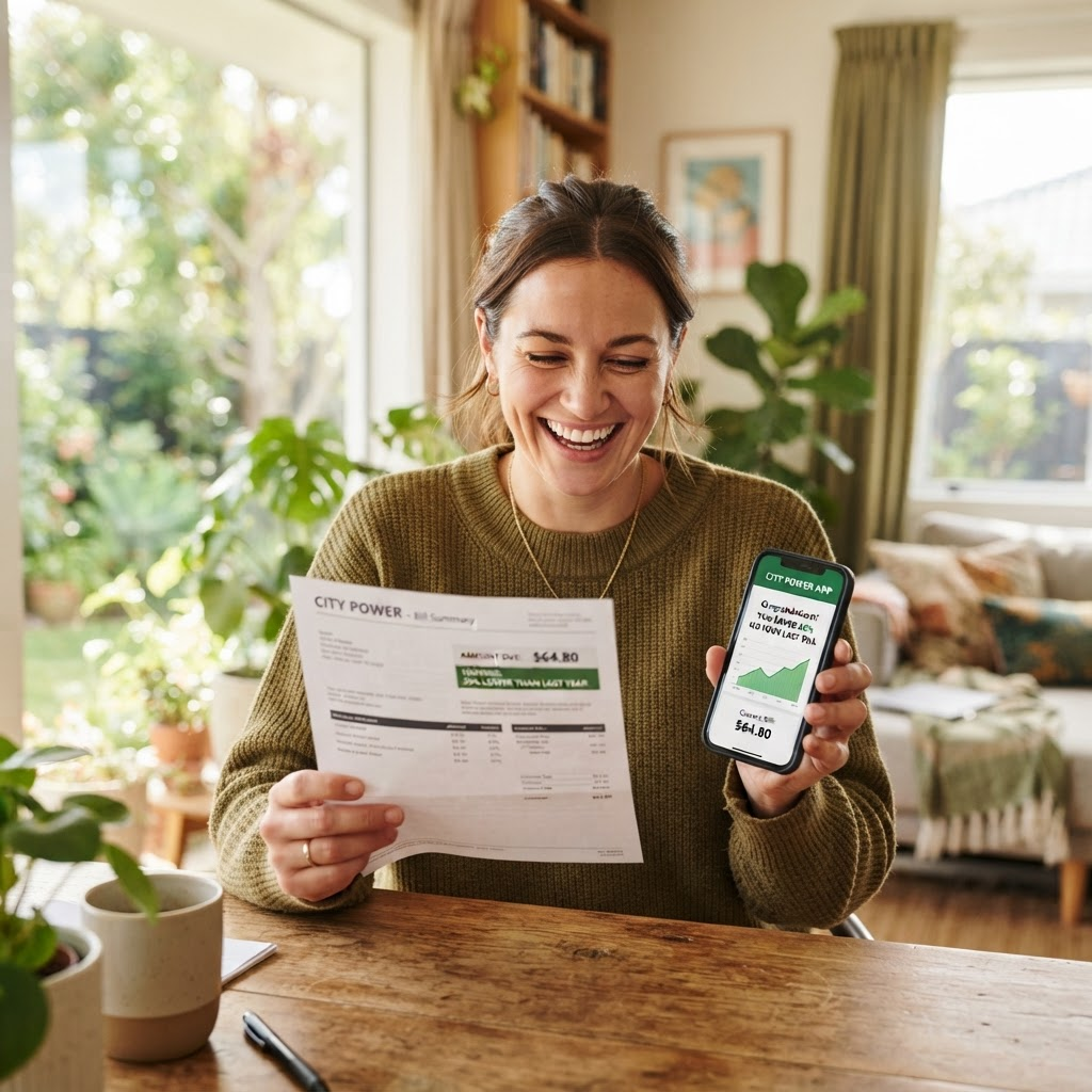 Cliente satisfeito conferindo a economia na conta de luz