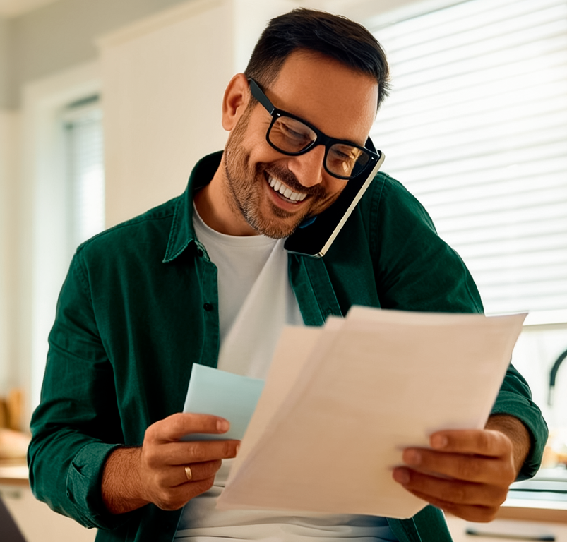 Cliente sorrindo ao conferir a economia na conta de luz enquanto fala ao telefone