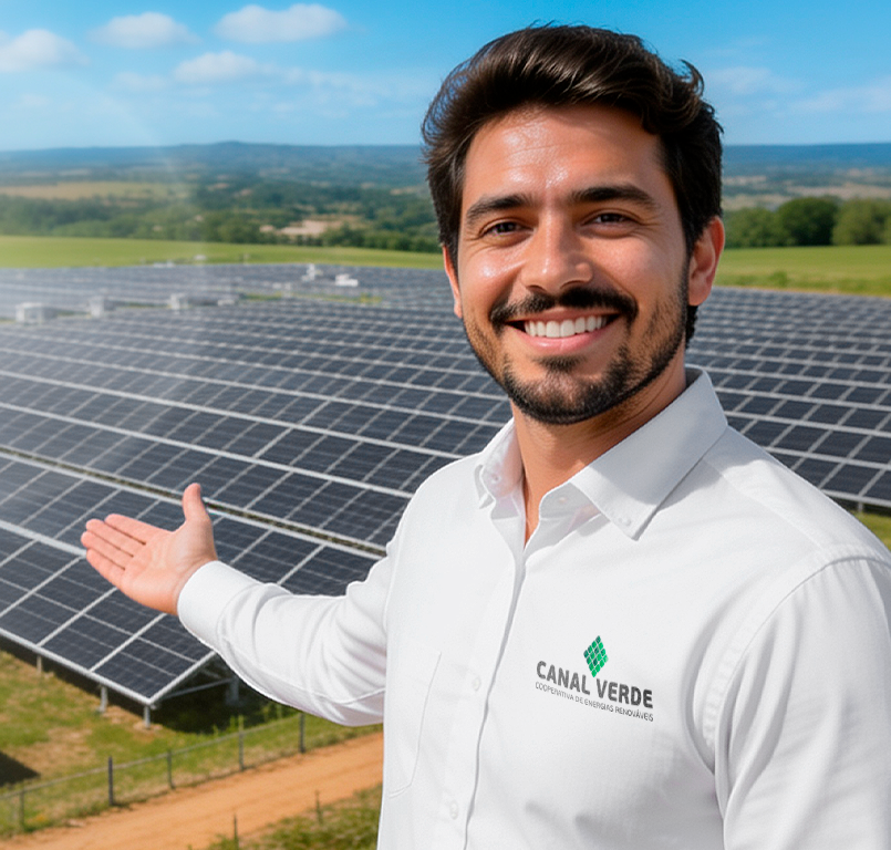 Representante da Canal Verde sorrindo e apresentando a usina de energia solar da cooperativa