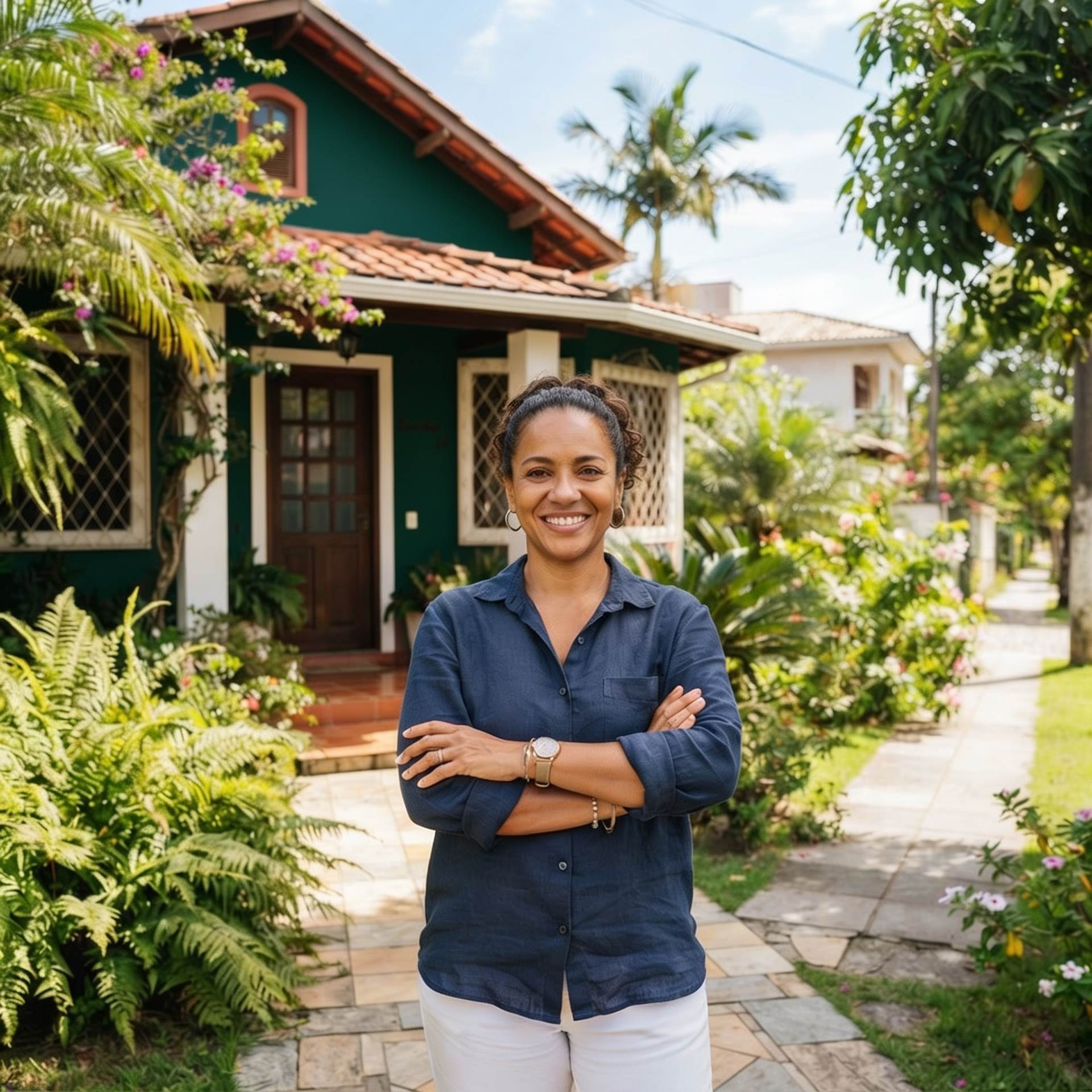Cliente sorridente de braços cruzados em frente à sua casa, satisfeita com a economia